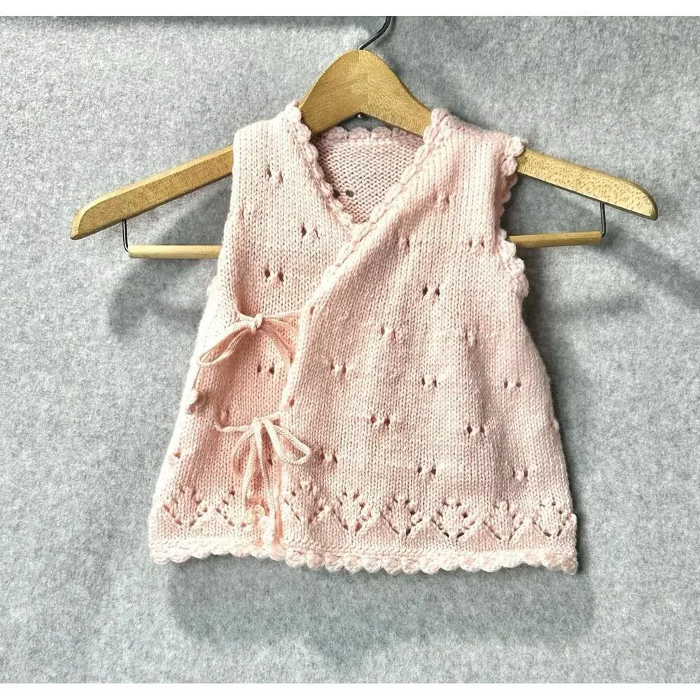 Toddler Girl Knitted Vest Pink String Closure String Eyelets Openwork Lace